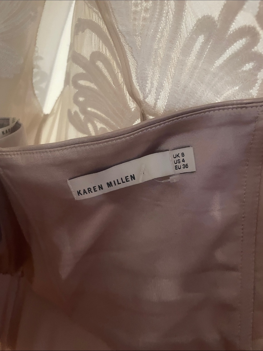 Karen Millen Beige Silk Maxi Dress with White Lace & Bead Accent B133 - Picture 8 of 9
